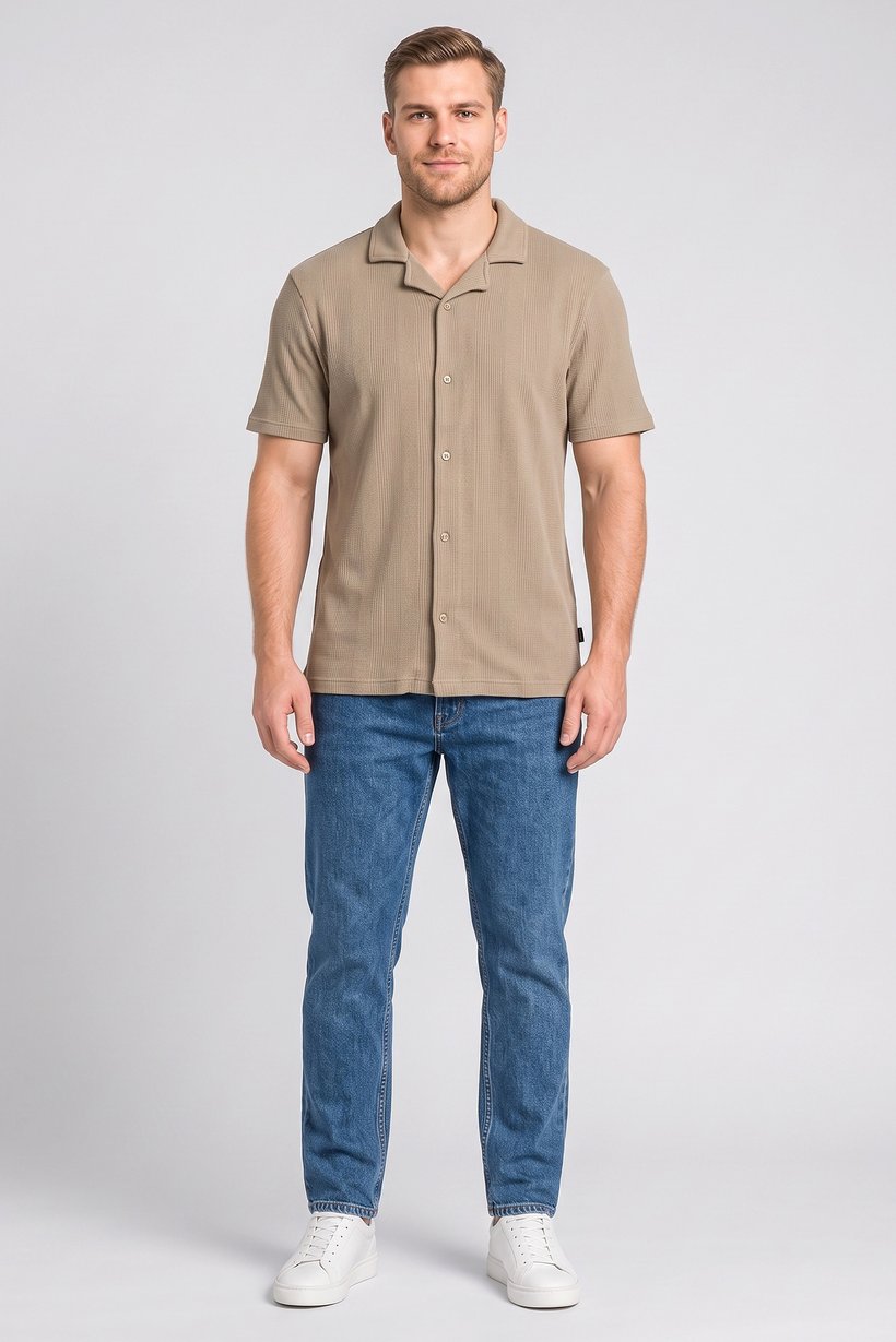 Men Regular Fit Short Sleeve Textured Casual Shirt, Light Brown