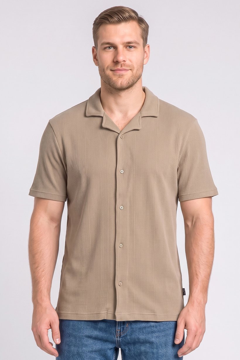 Men Regular Fit Short Sleeve Textured Casual Shirt, Light Brown
