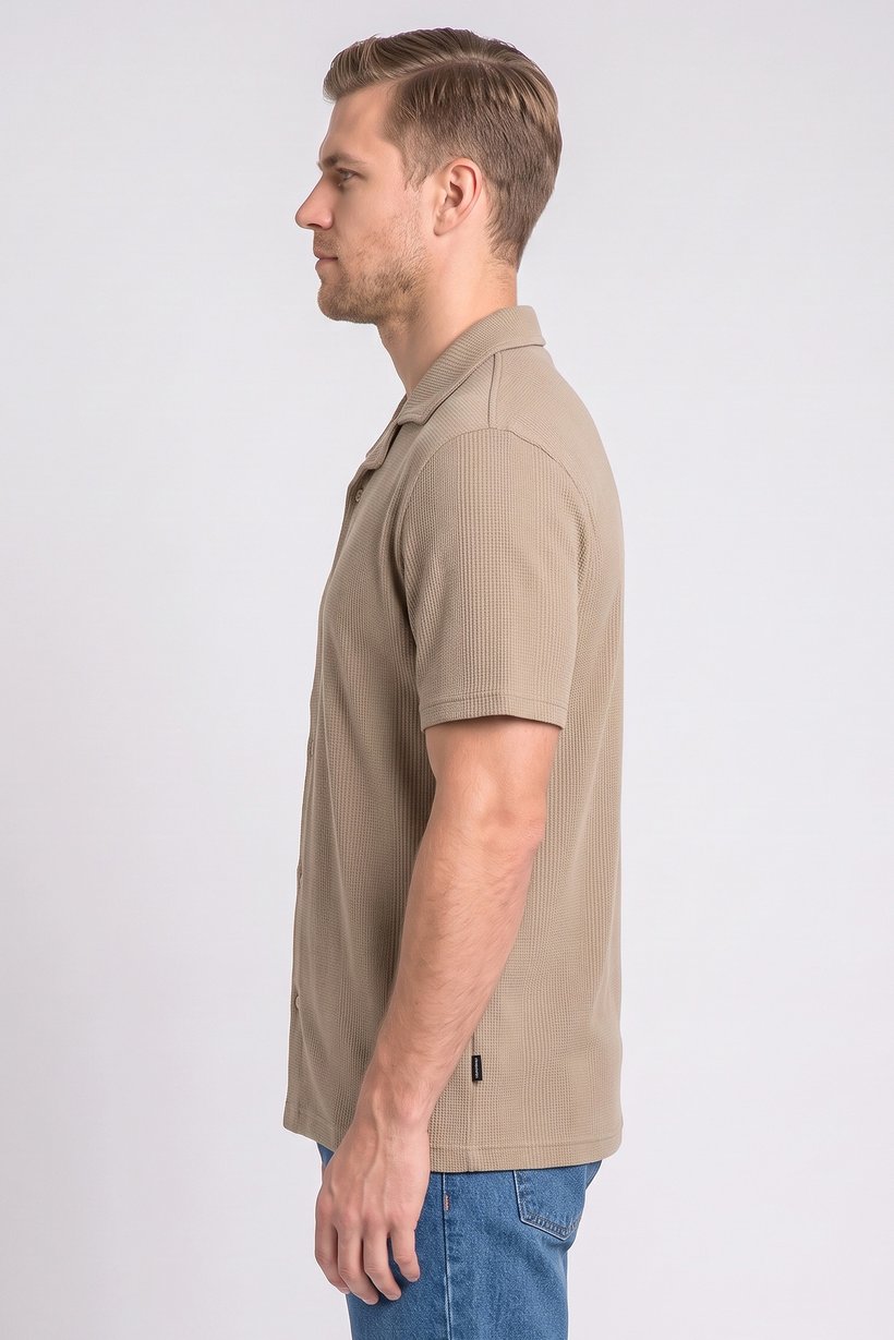 Men Regular Fit Short Sleeve Textured Casual Shirt, Light Brown