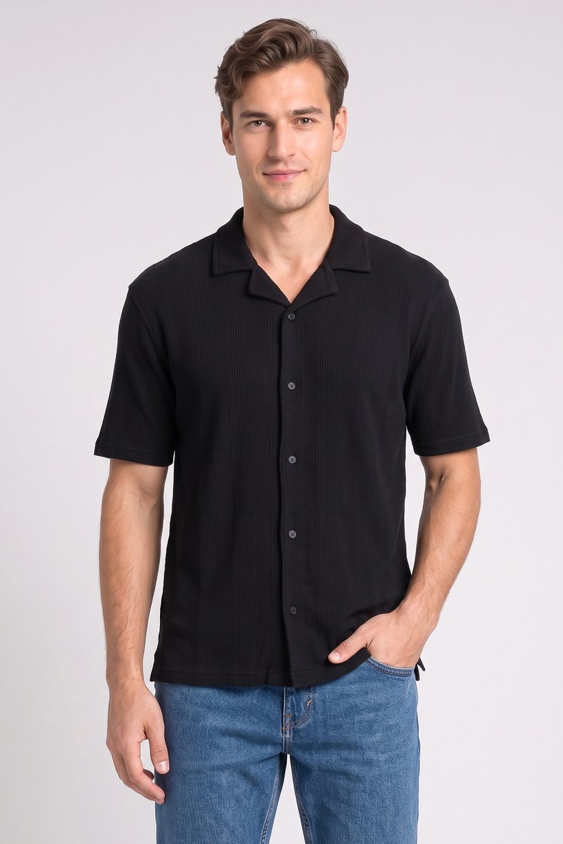 Men Regular Fit Textured Short Sleeve Casual Shirt, Black