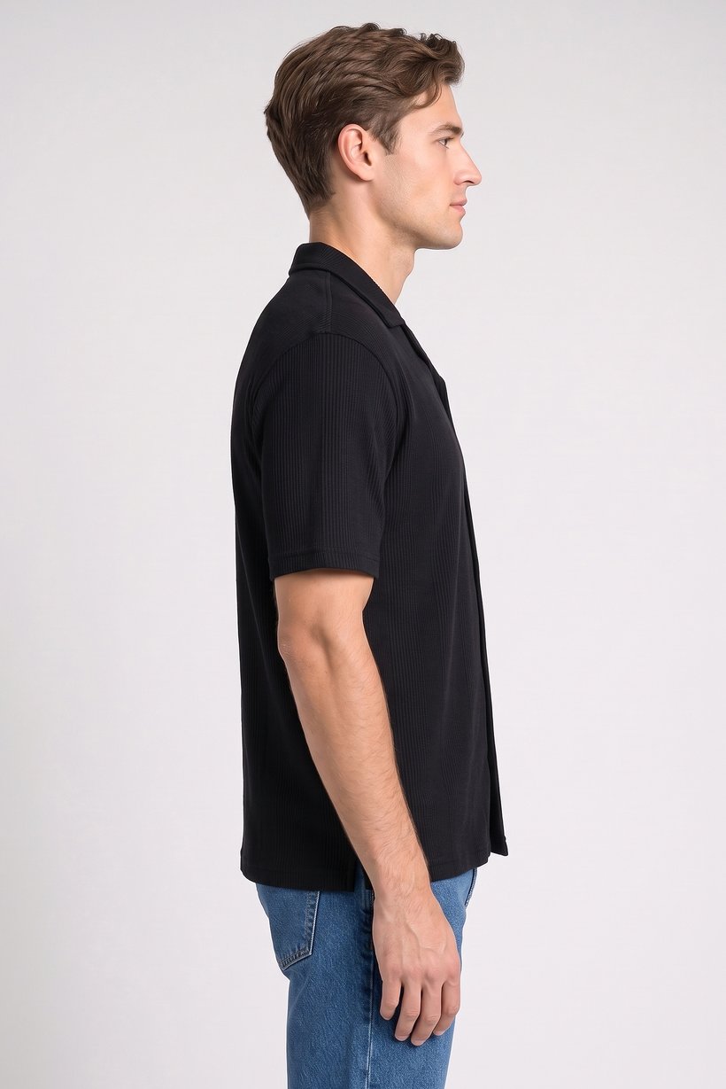 Men Regular Fit Textured Short Sleeve Casual Shirt, Black