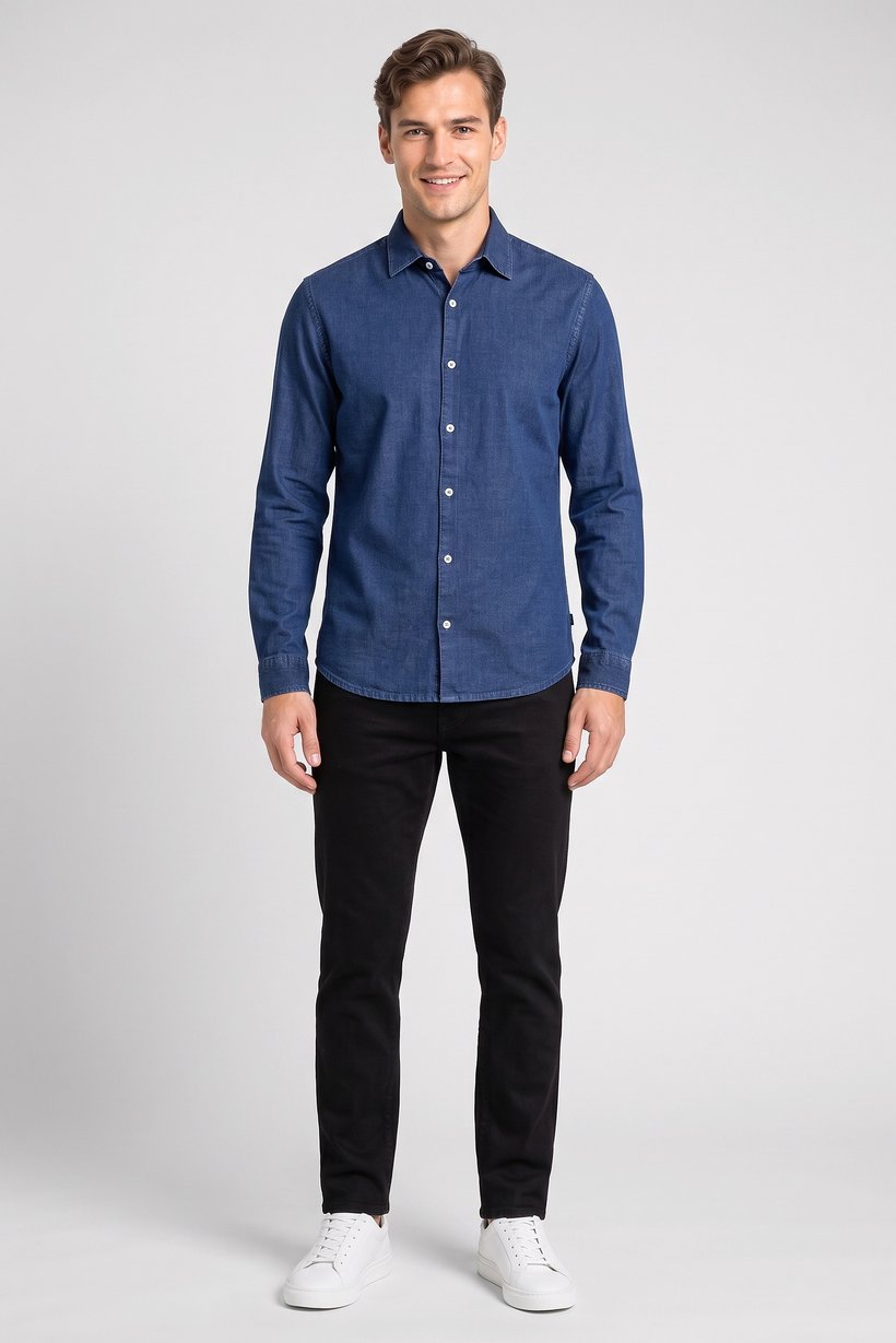 Men Regular Fit Washed Long Sleeve Denim Shirt, Navy