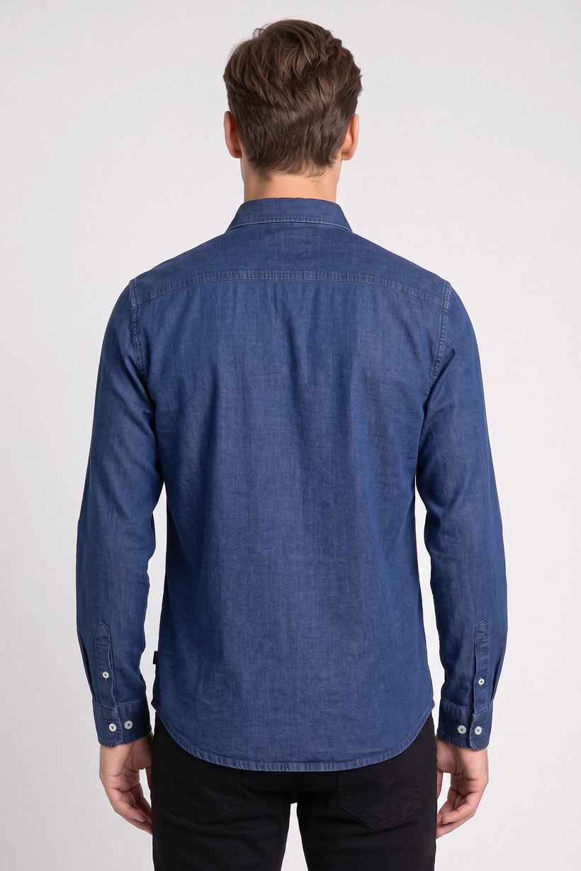 Men Regular Fit Washed Long Sleeve Denim Shirt, Navy