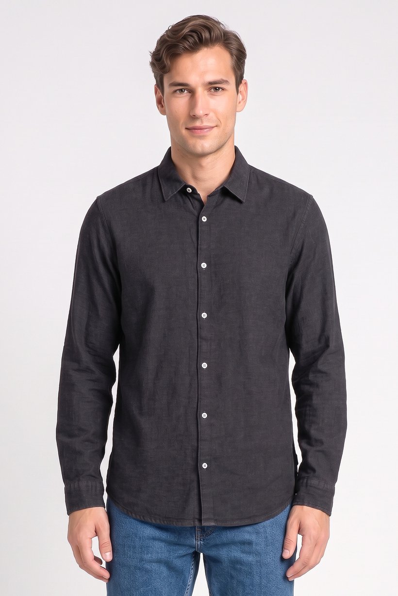 Men Regular Fit Washed Long Sleeve Denim Shirt, Black
