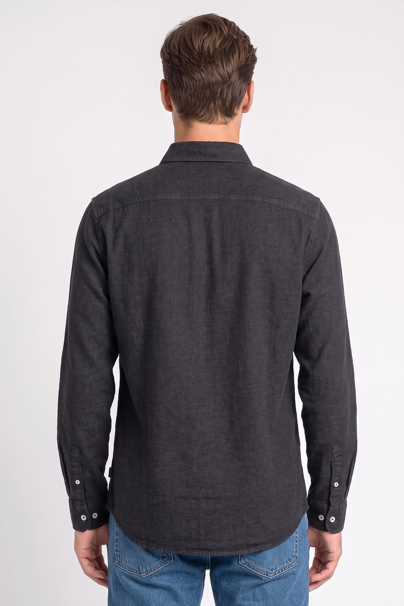 Men Regular Fit Washed Long Sleeve Denim Shirt, Black