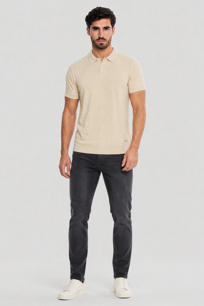 Men Regular Fit Textured Short Sleeve Polo, Biege