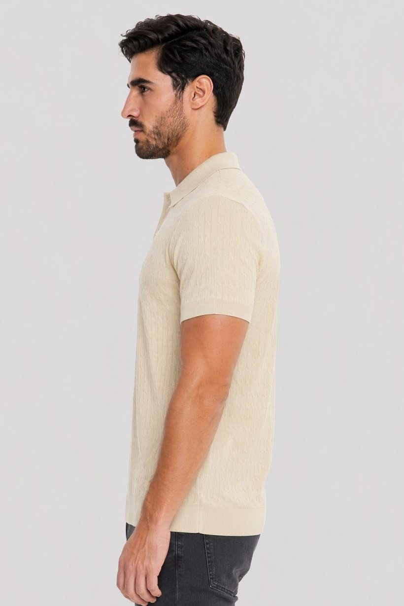 Men Regular Fit Textured Short Sleeve Polo, Biege