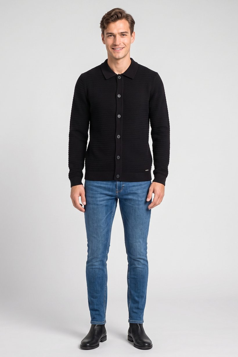 Men Regular Fit Textured Long Sleeve  Polo Shirt, Black