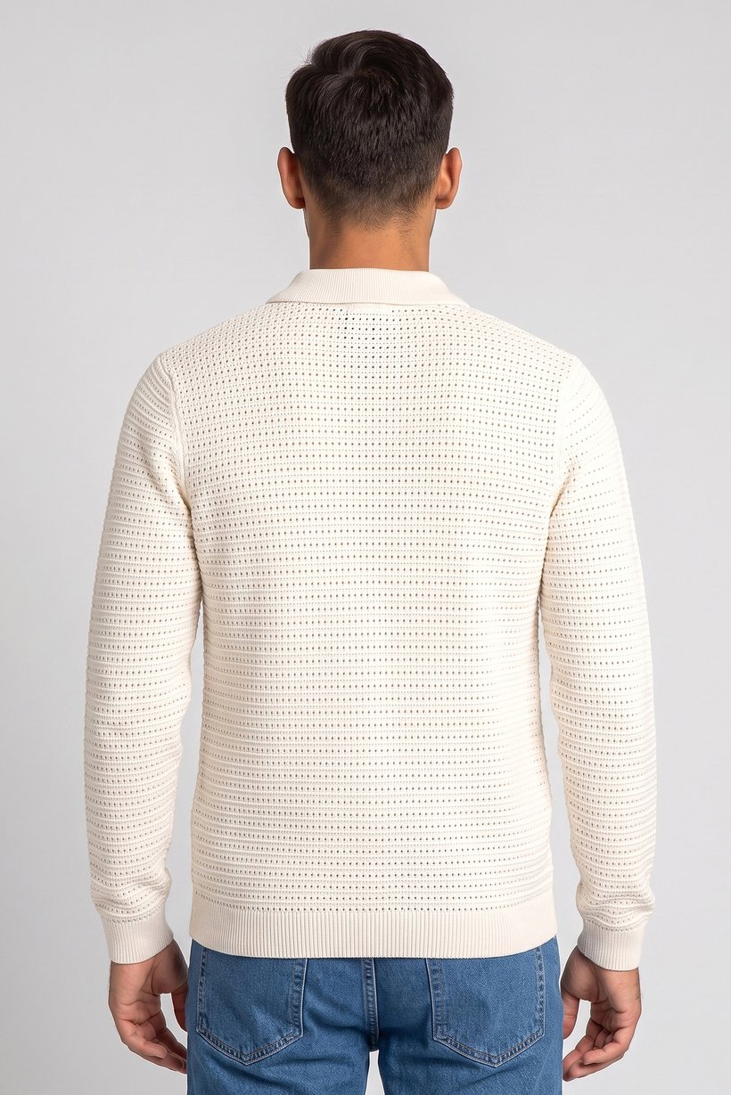 Men Regular Fit Textured Long Sleeve Cardigan, Ivory