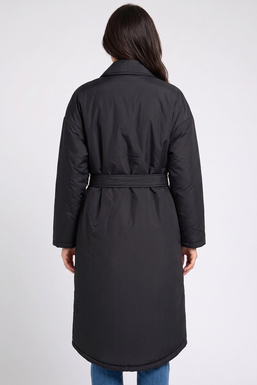 Women Solid Belted Puffer Jacket, Black