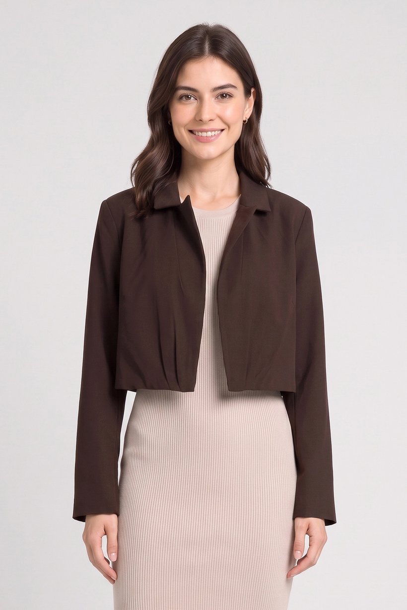 Women Regular Fit Solid Crop Blazer, Dark Brown