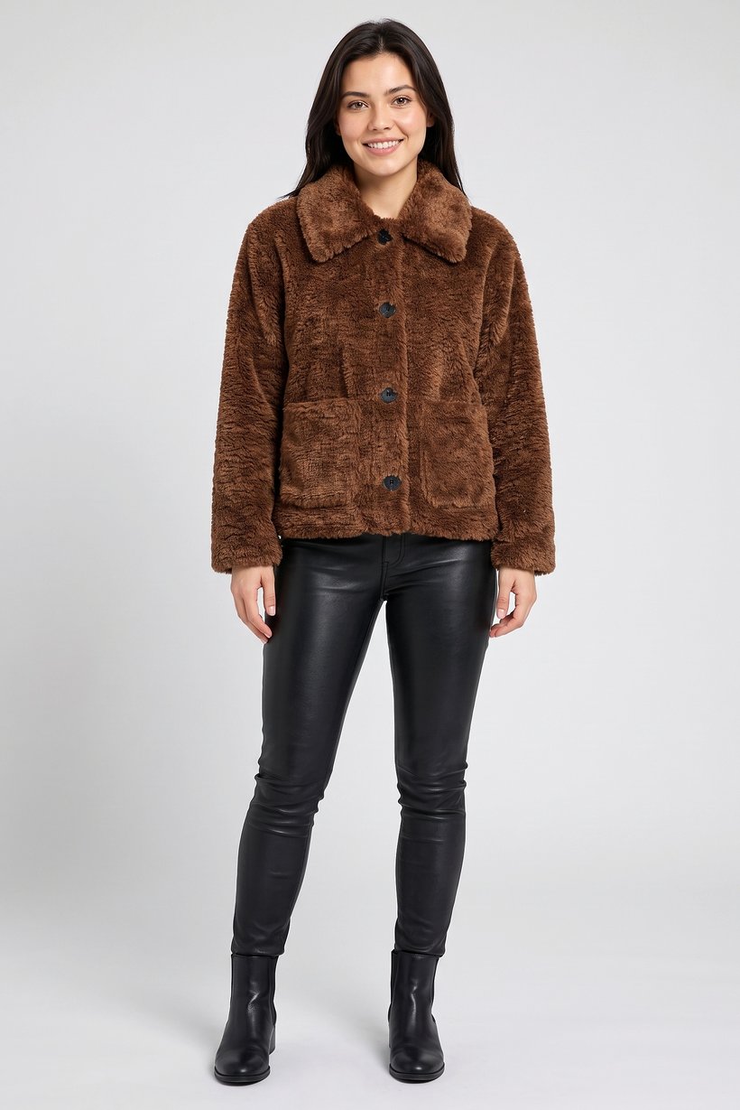 Women Textured Sherpa Jacket, Brown
