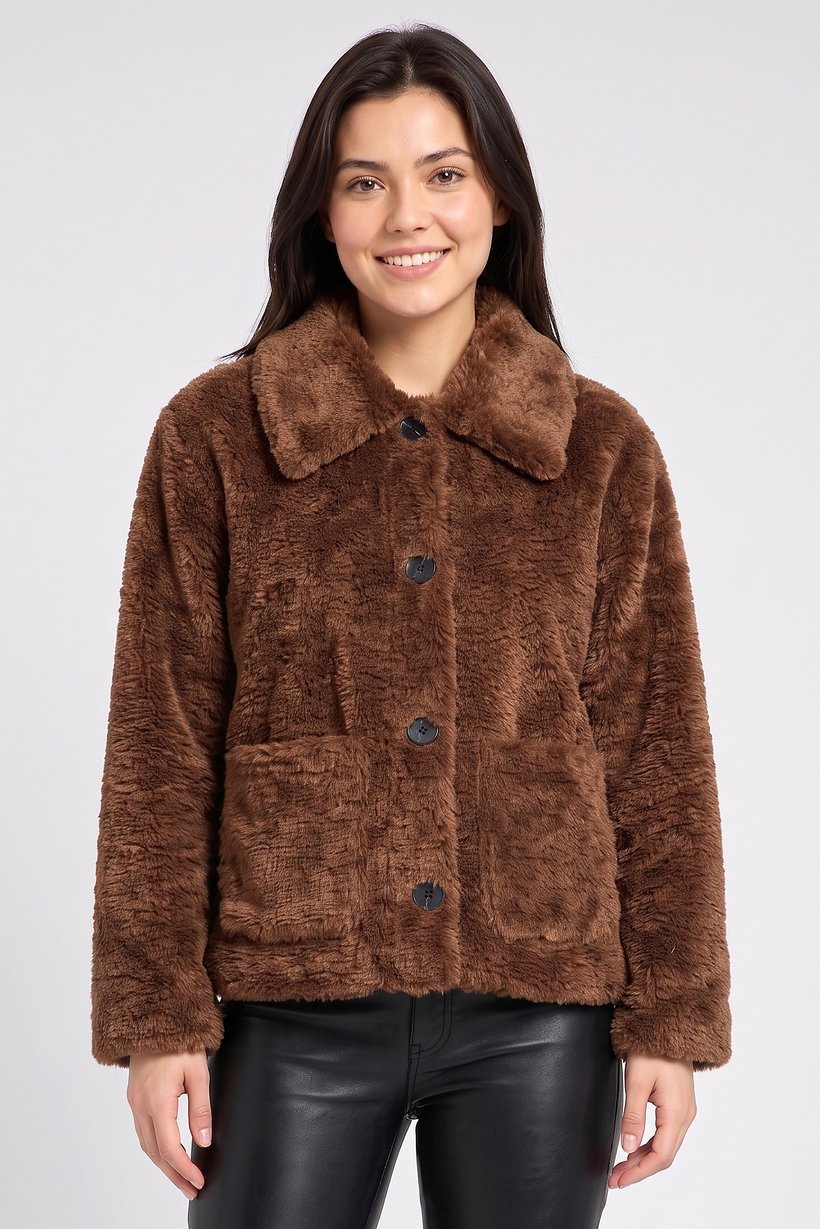Women Textured Sherpa Jacket, Brown