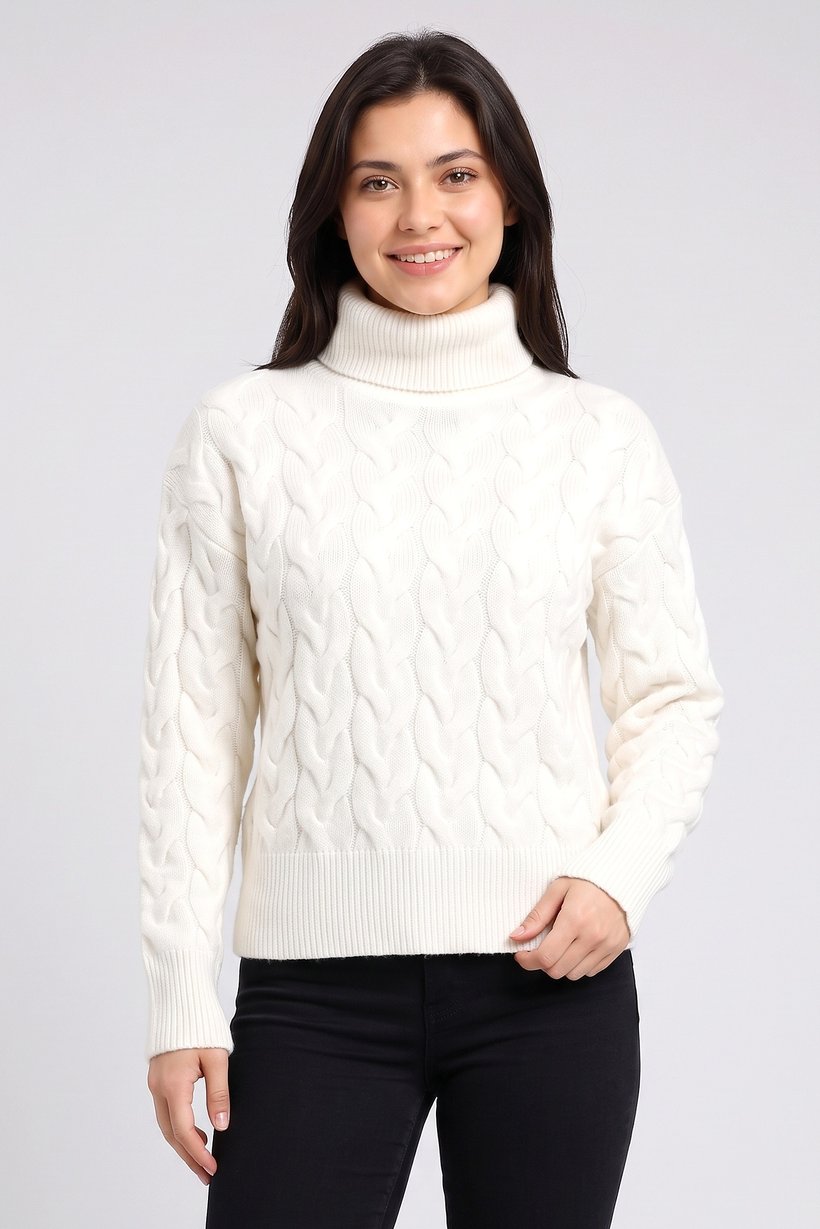 Women Turtle Neck Textured Sweater, Ivory