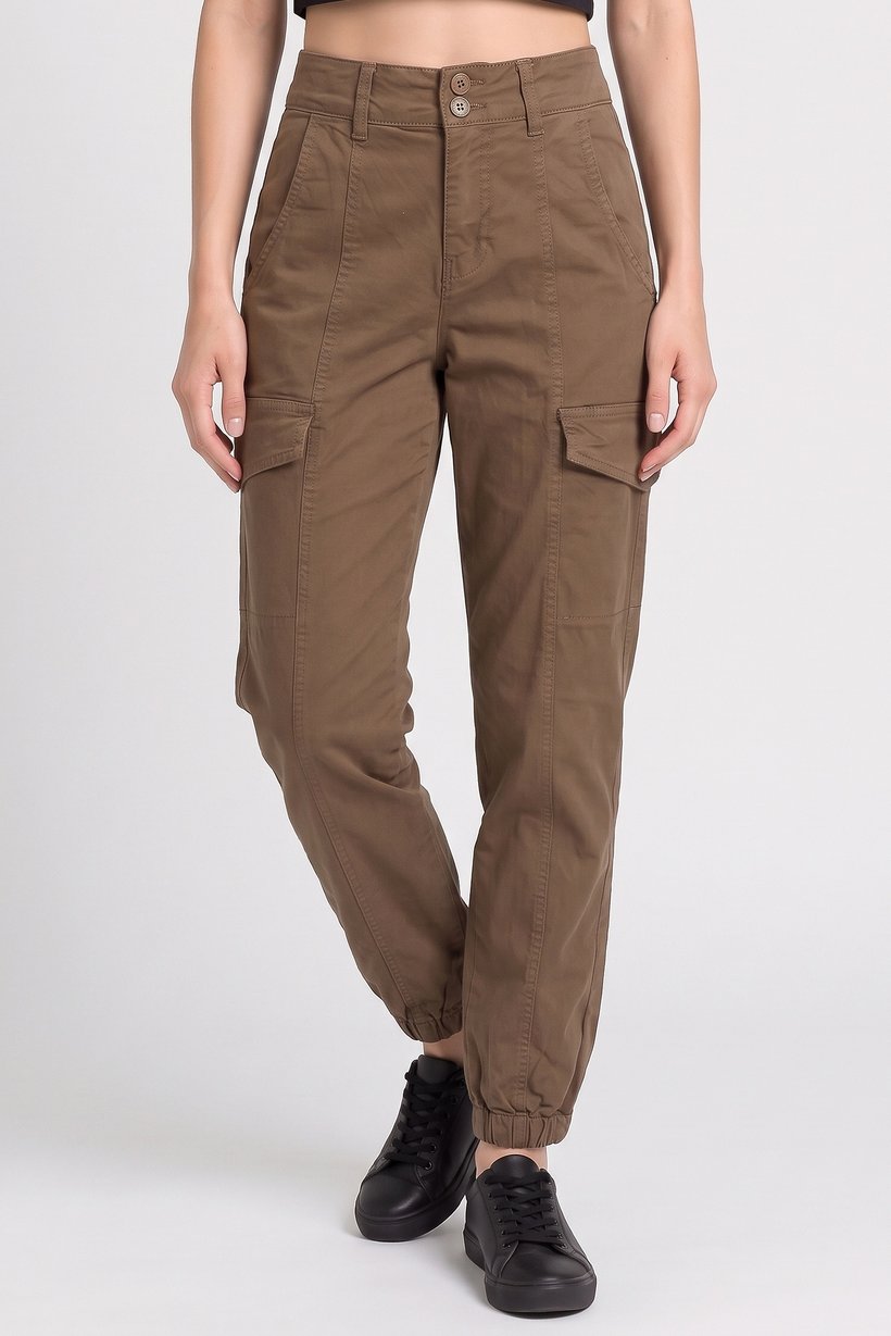 Women Regular Fit Solid Cargo Pants, Dark Olive