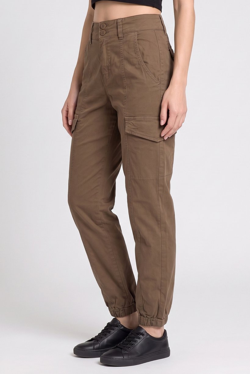 Women Regular Fit Solid Cargo Pants, Dark Olive
