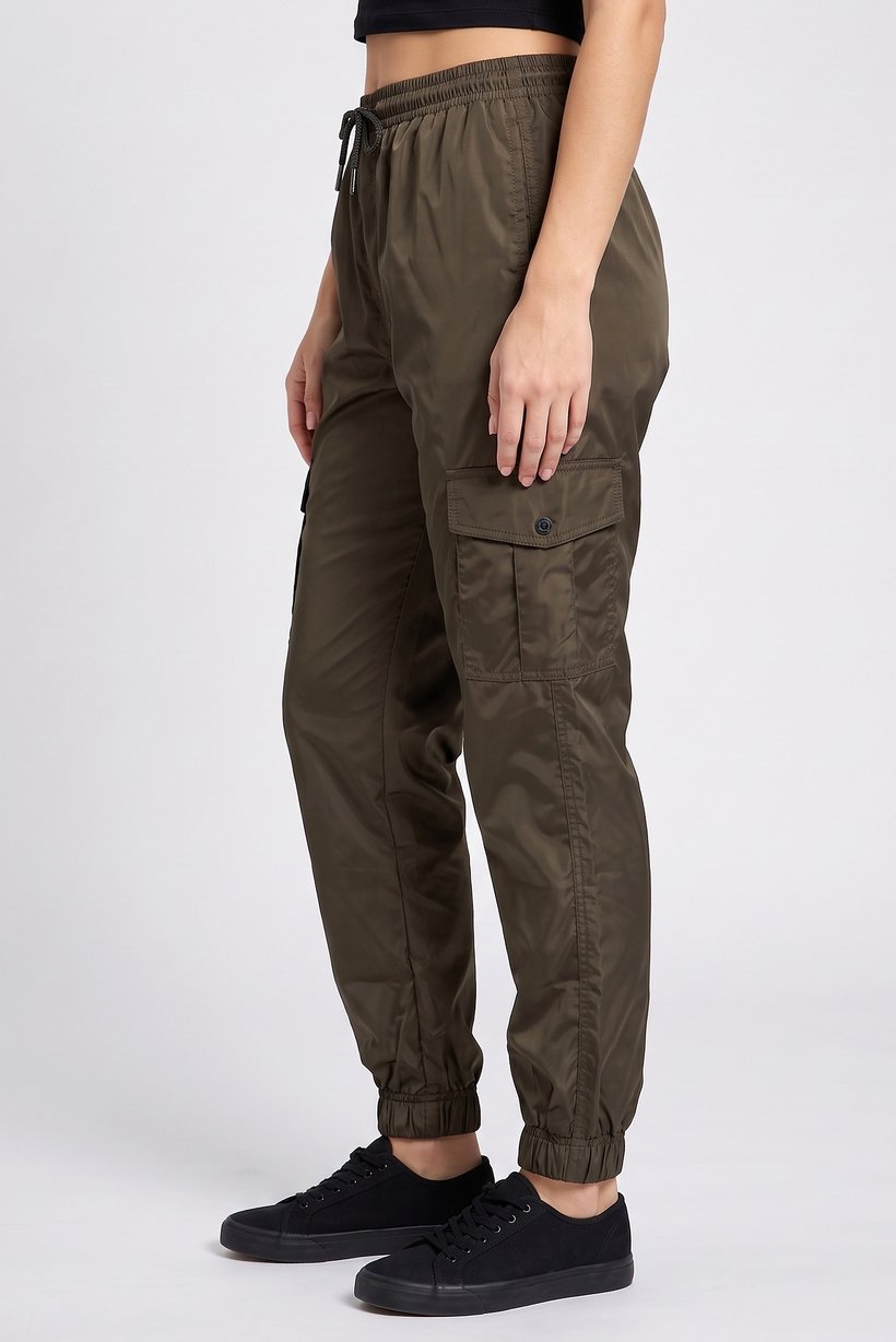 Women Regular Fit Solid Cargo Pants, Dark Olive