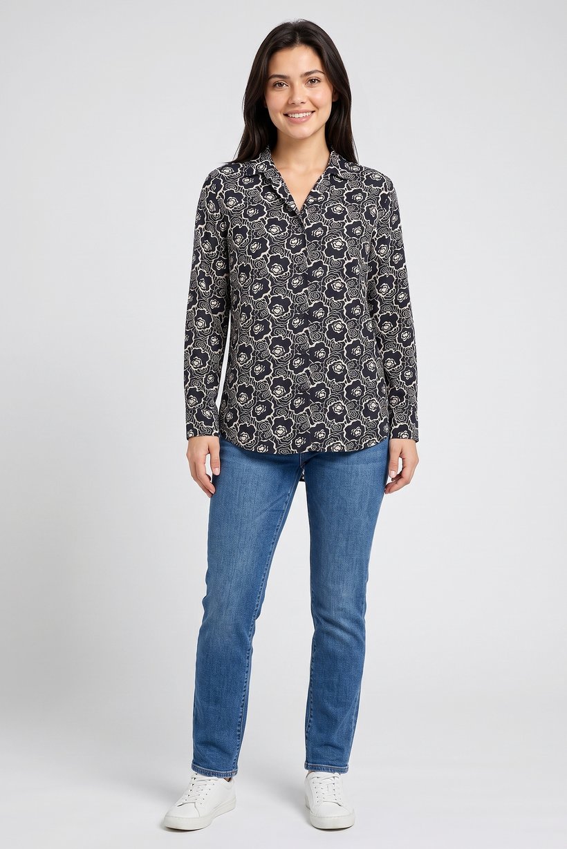Women Spread Collar Long Sleeve Allover Print Blouse, Multicolor