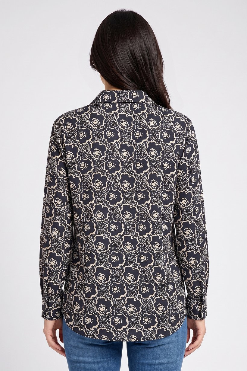 Women Spread Collar Long Sleeve Allover Print Blouse, Multicolor