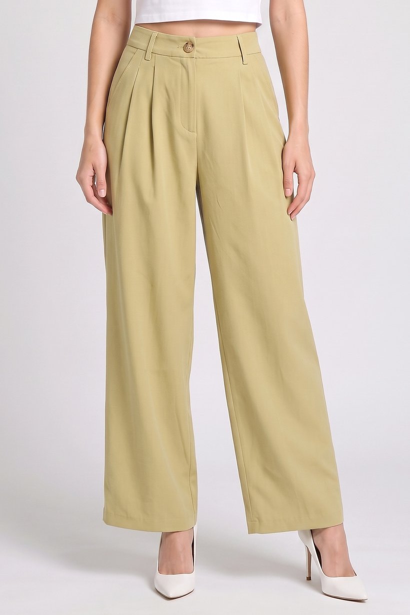 Women Regular Fit Solid Straight Leg Pants, Light Green