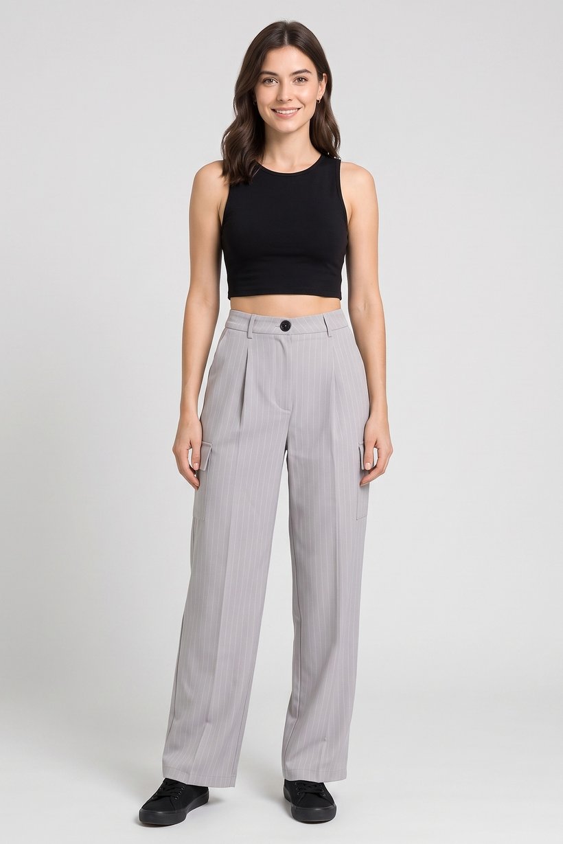 Women Regular Fit Stripe Wide Leg Pants, Grey