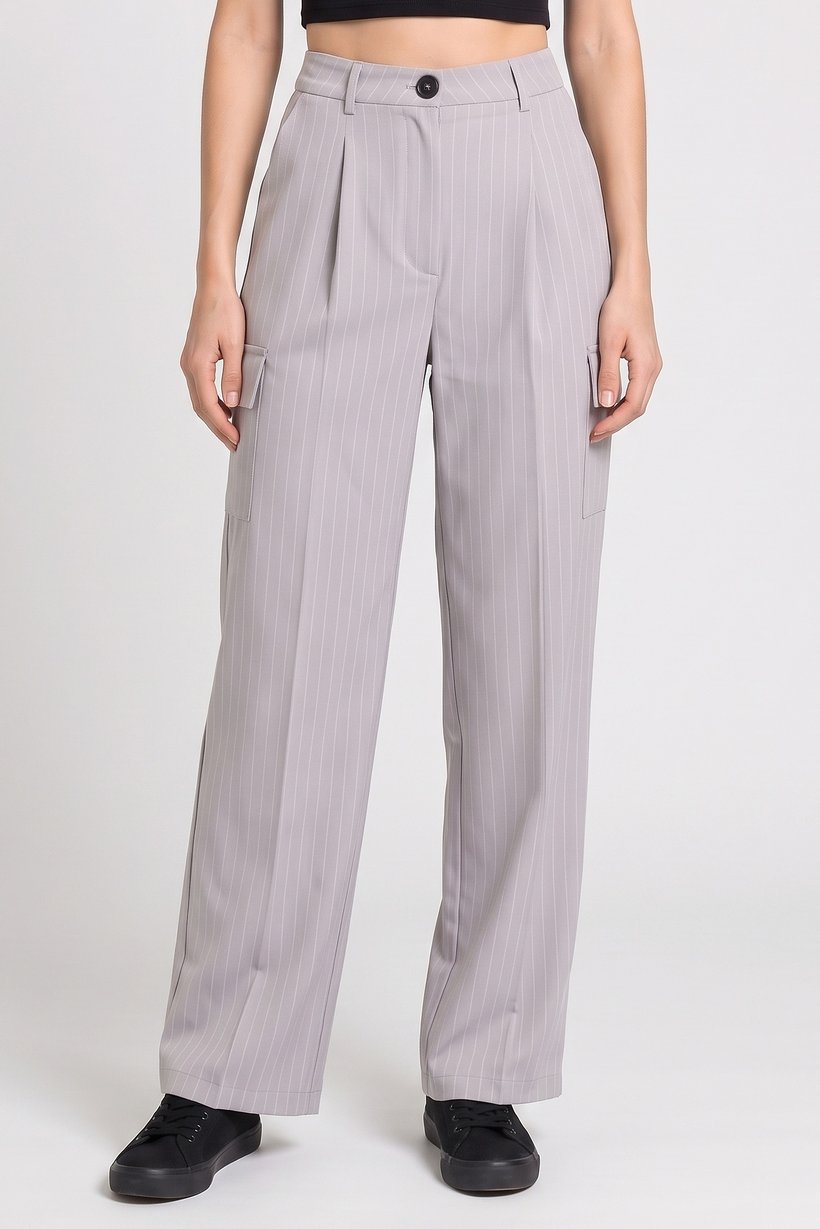 Women Regular Fit Stripe Wide Leg Pants, Grey