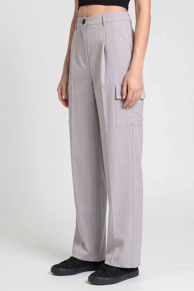 Women Regular Fit Stripe Wide Leg Pants, Grey