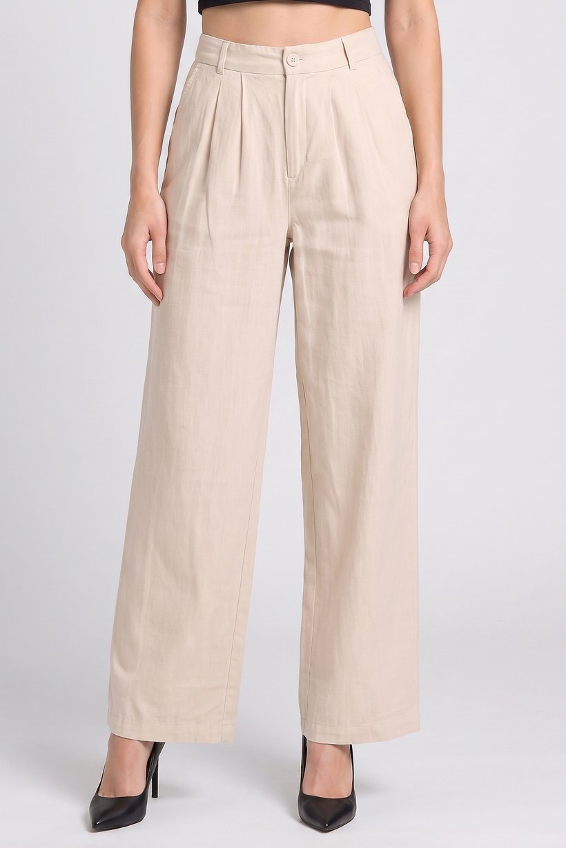 Women Regular Fit Solid Straight Leg Pants, Beige