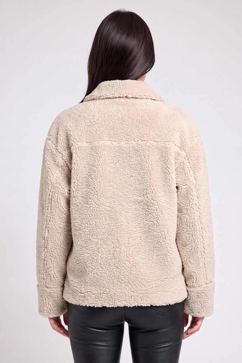 Women Textured Sherpa Jacket, Beige