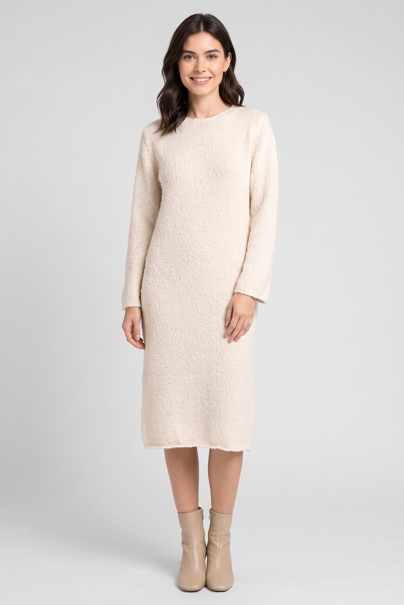 Women Textured Midi Dress, Cream