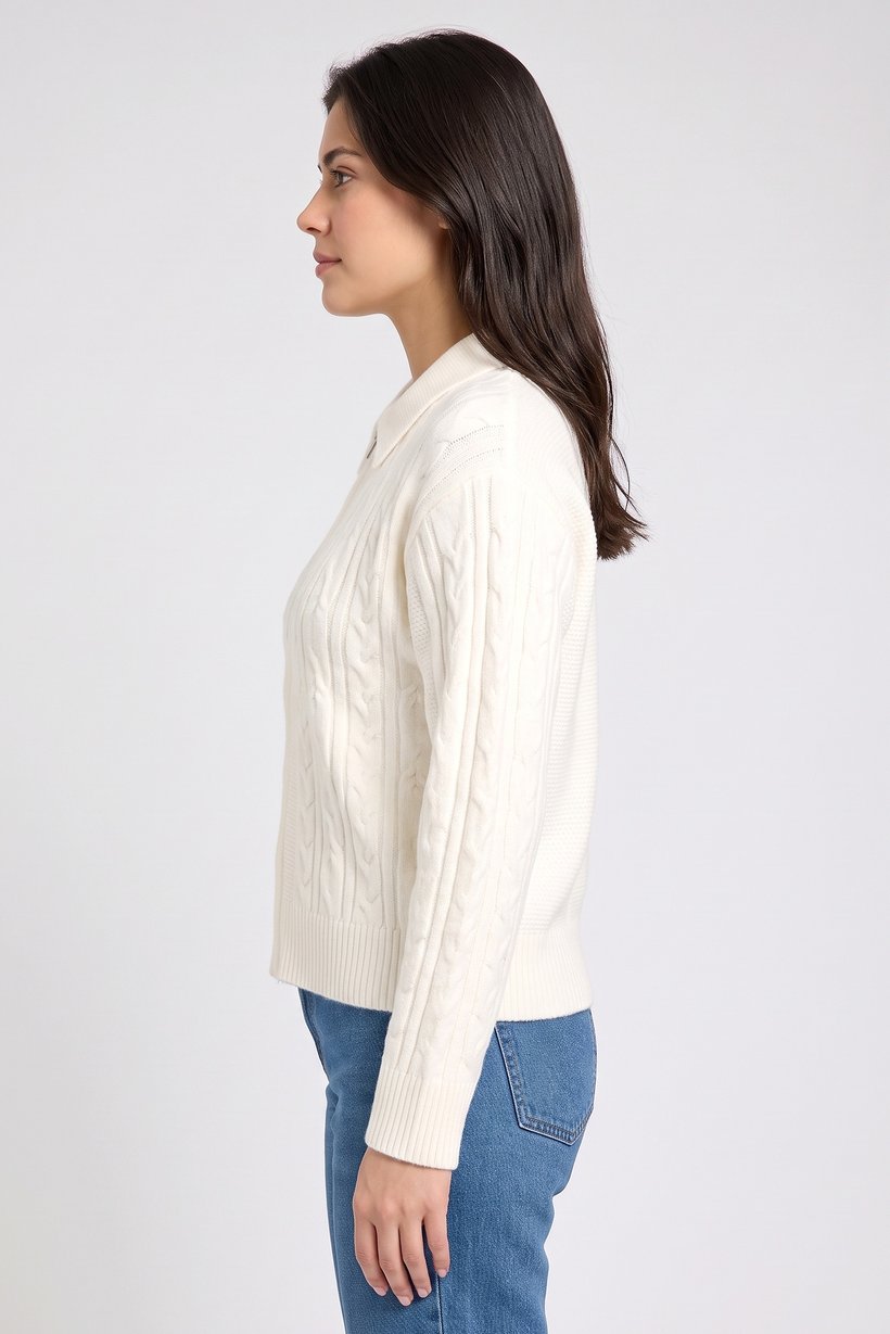 Women Spread Collar Cable Knit Cardigan, Off White