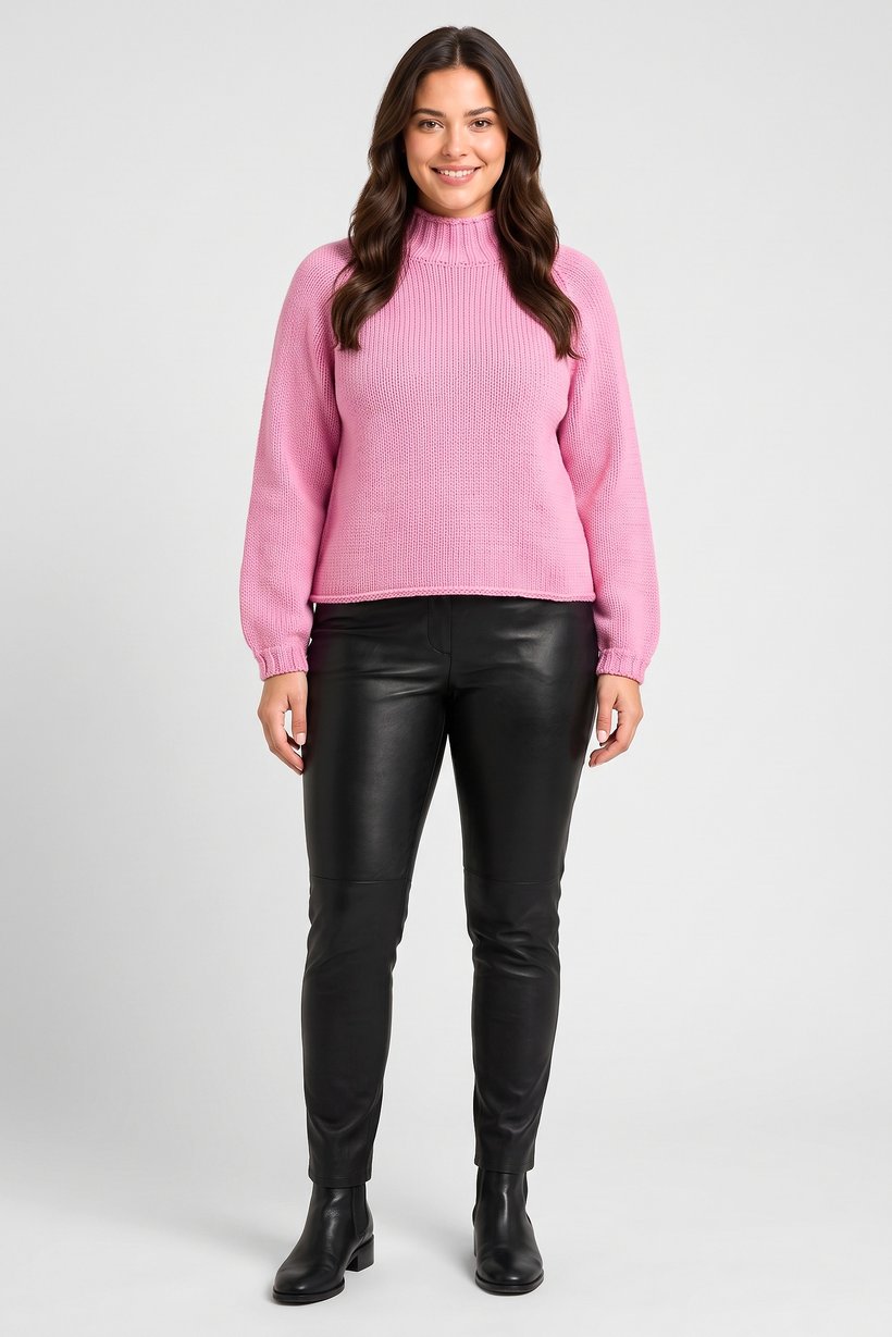 Women High Neck Crochet Sweater, Pink