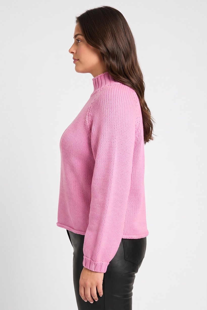 Women High Neck Crochet Sweater, Pink