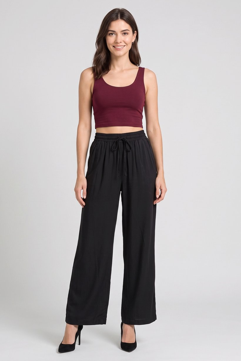 Women Regular Fit Solid Wide Leg Pants, Black
