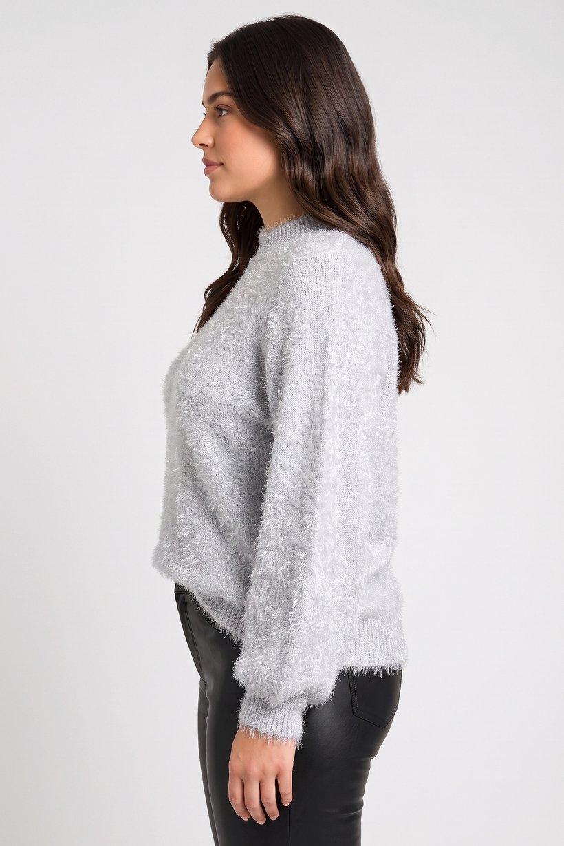 Women Round Neck Metallic Sweater, Silver