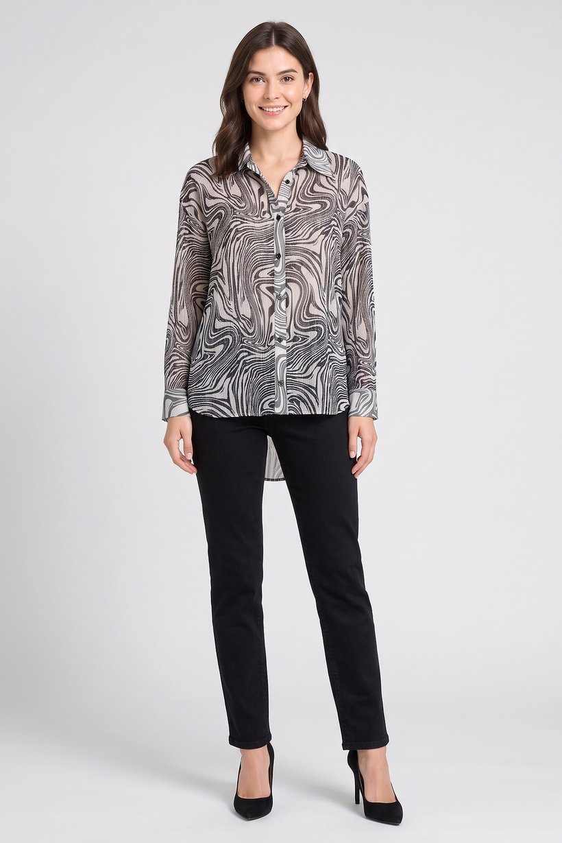 Women Spread Collar Long Sleeve Abstract Print Shirt, Multicolor