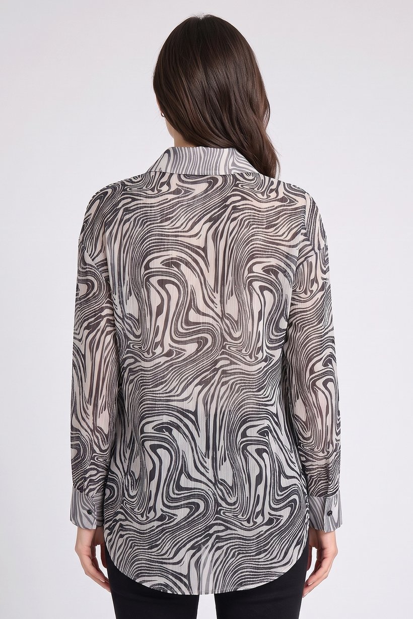 Women Spread Collar Long Sleeve Abstract Print Shirt, Multicolor