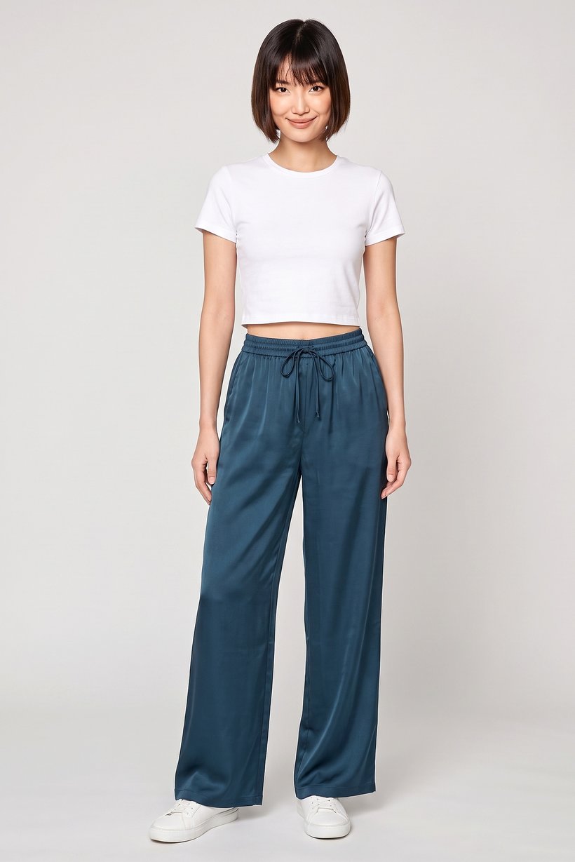 Women Regular Fit Solid Wide Leg Pants, Teal Green