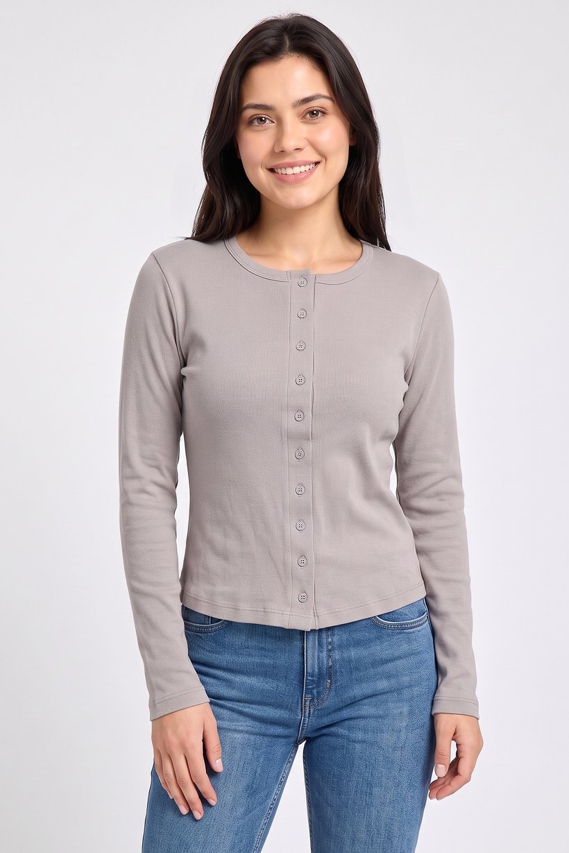 Women Round Neck Long Sleeve Ribbed Top, Grey
