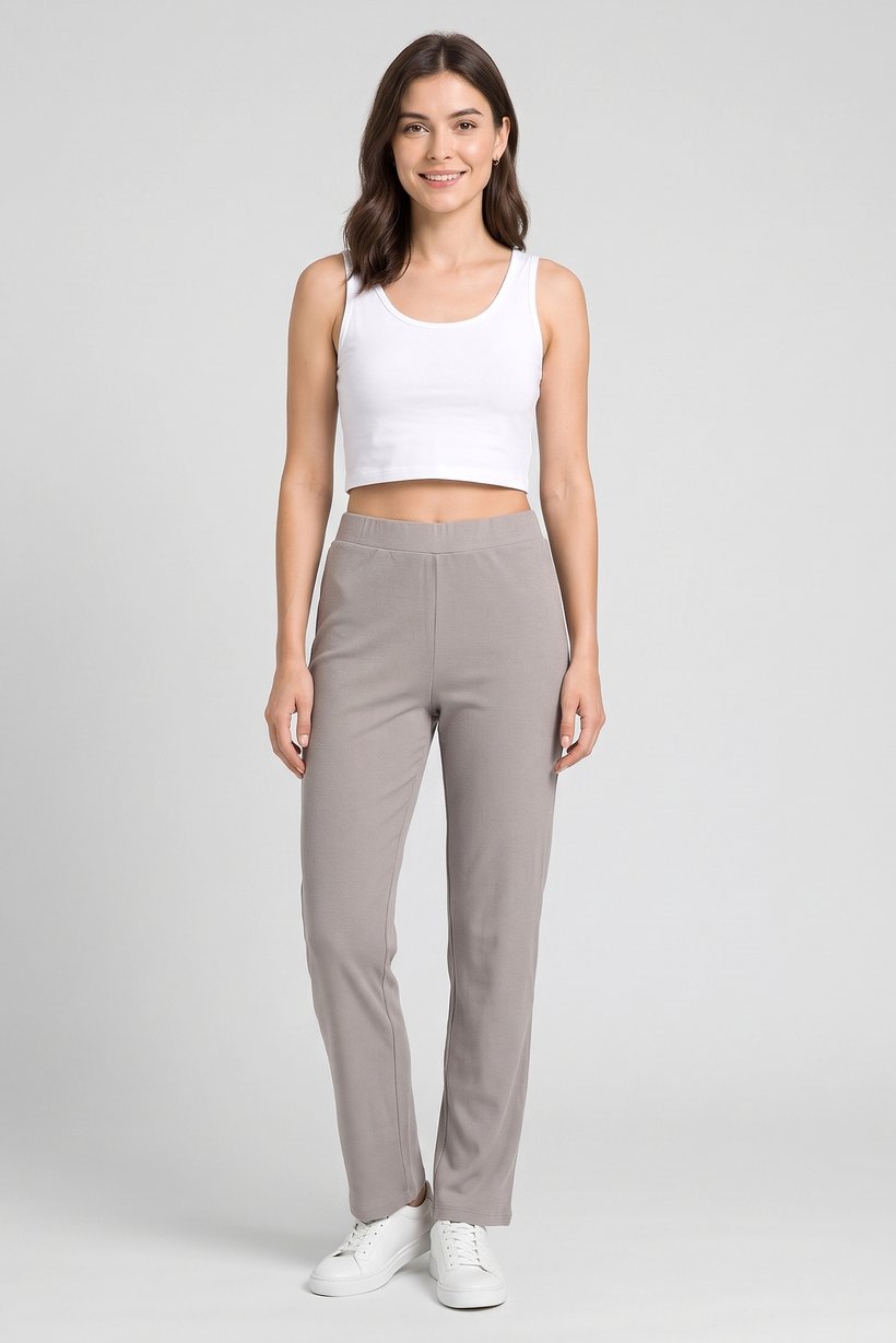 Women Regular Fit Ribbed Straight Leg Pants, Grey