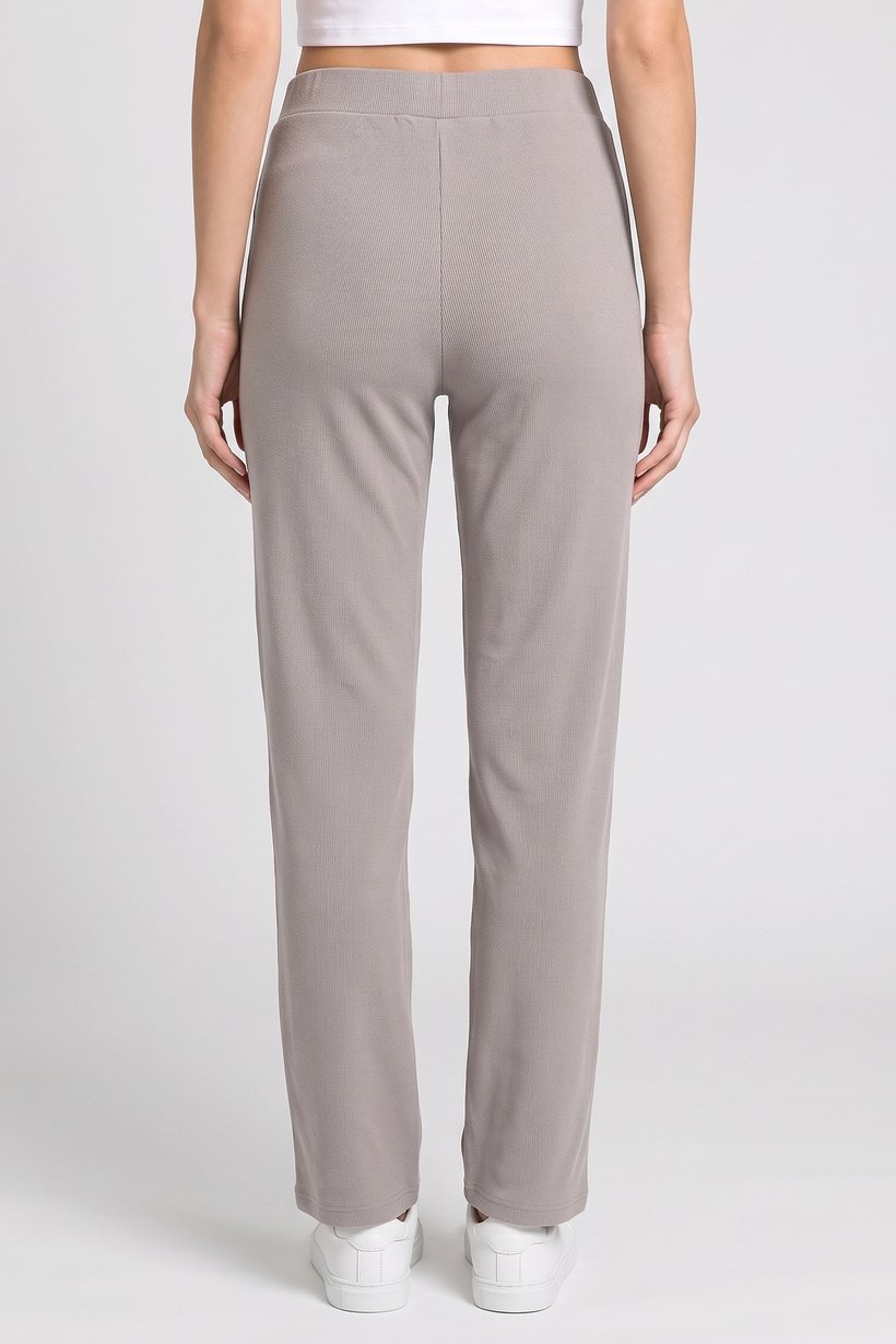 Women Regular Fit Ribbed Straight Leg Pants, Grey