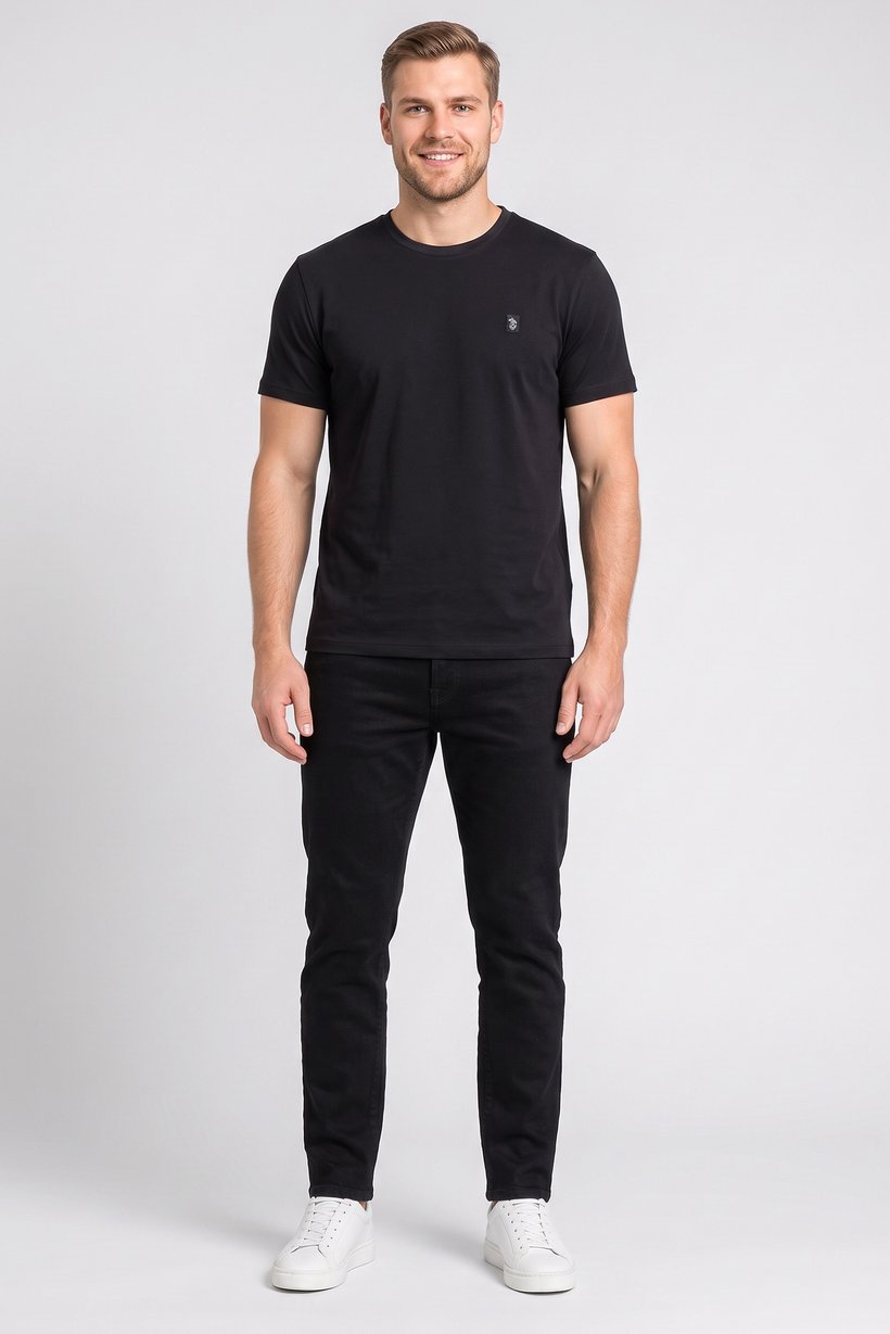 Men Crew Neck Short Sleeve Embroidered Logo T-Shirt, Black