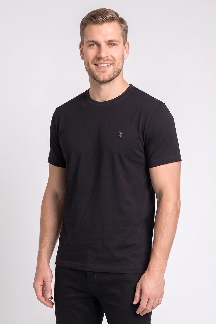 Men Crew Neck Short Sleeve Embroidered Logo T-Shirt, Black