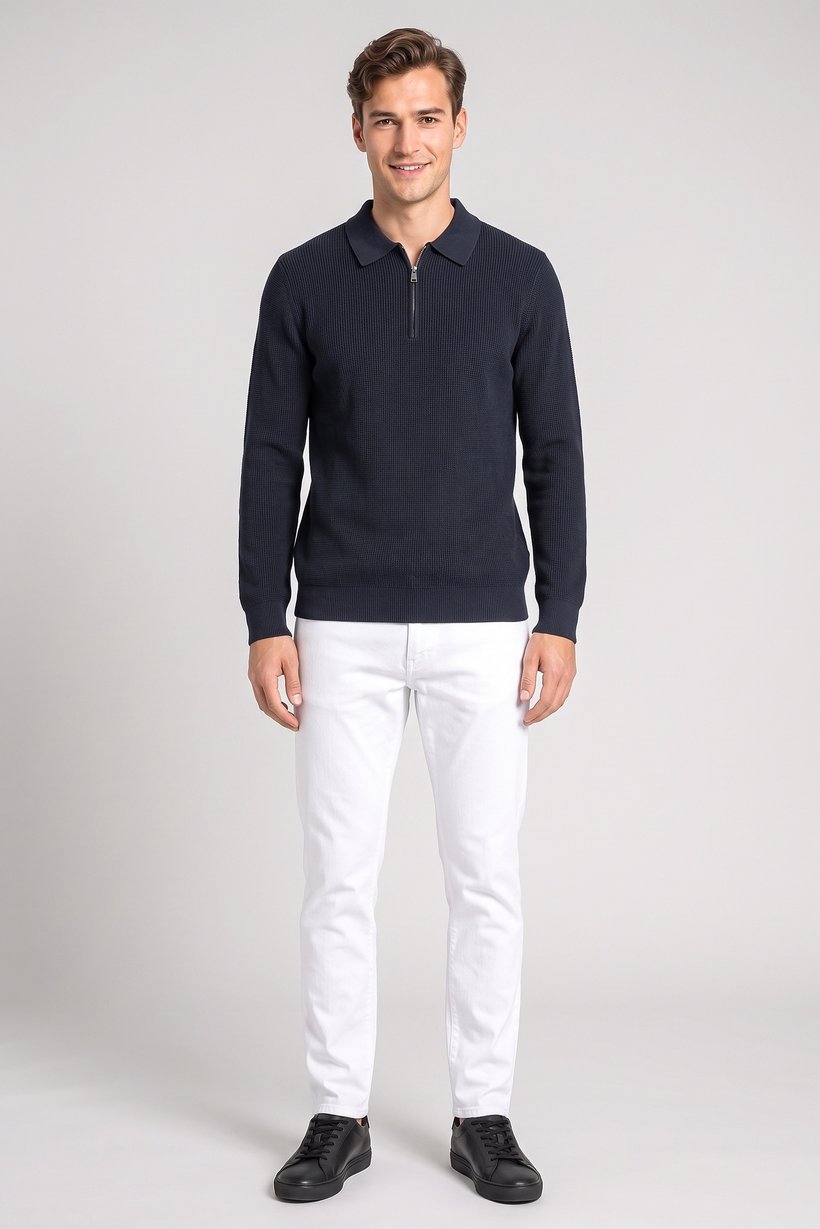 Men Regular Fit Knitted Long Sleeve Polo, Washed Black