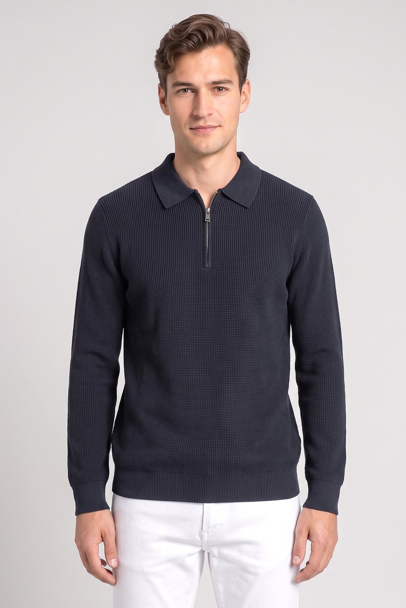 Men Regular Fit Knitted Long Sleeve Polo, Washed Black