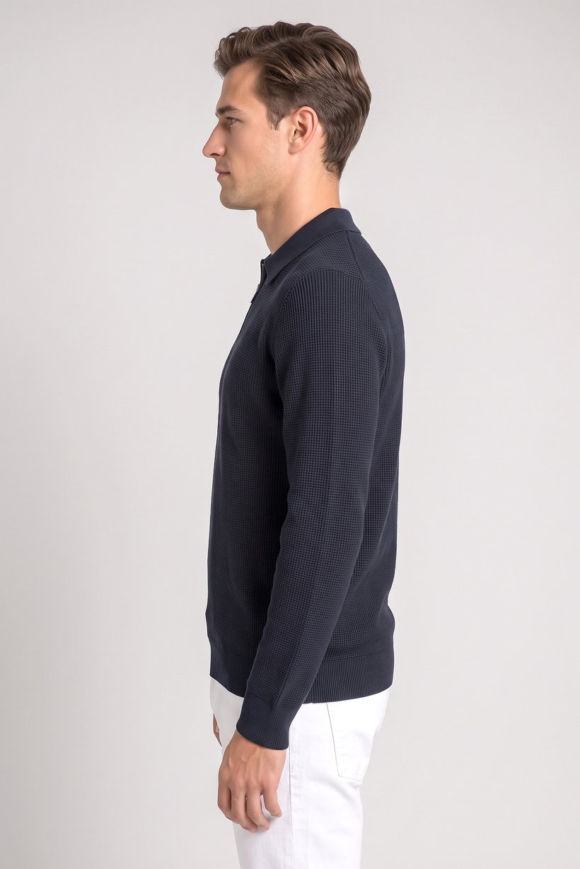 Men Regular Fit Knitted Long Sleeve Polo, Washed Black