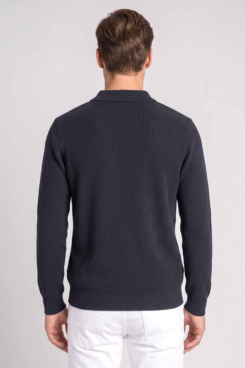 Men Regular Fit Knitted Long Sleeve Polo, Washed Black