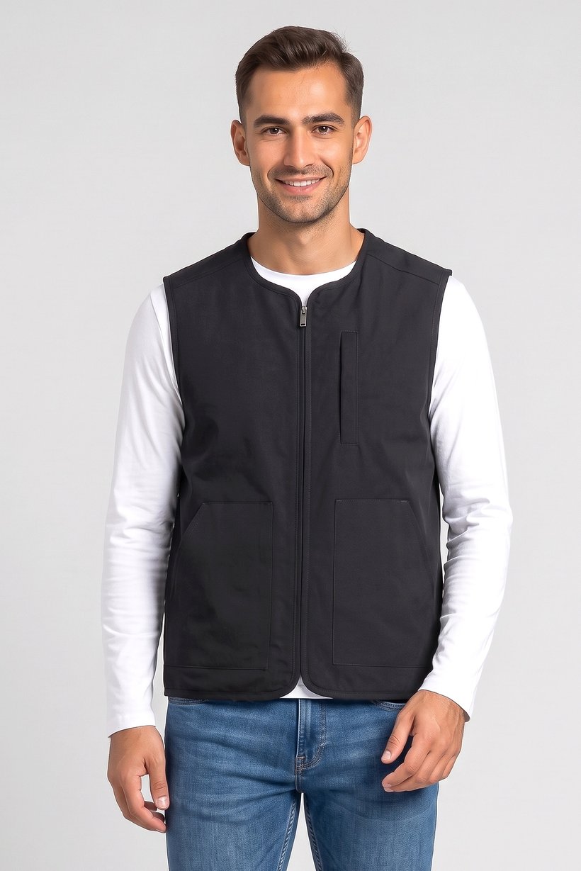 Men Solid Vest Jacket, Black