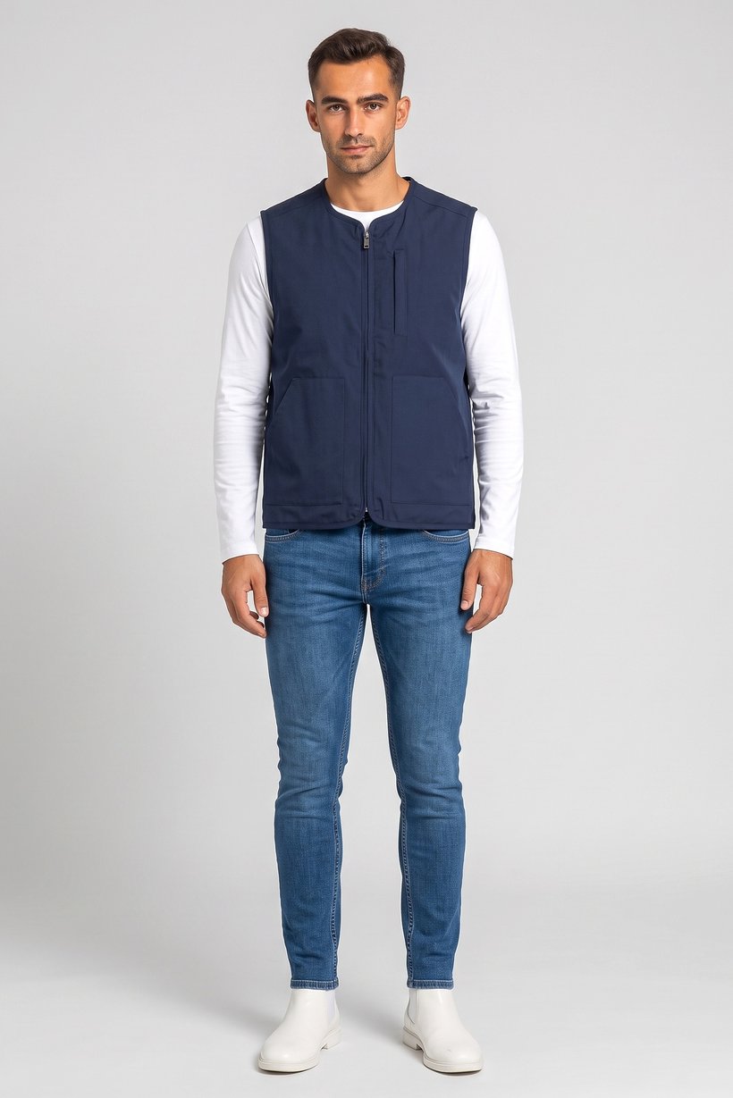 Men Solid Vest Jacket, Navy