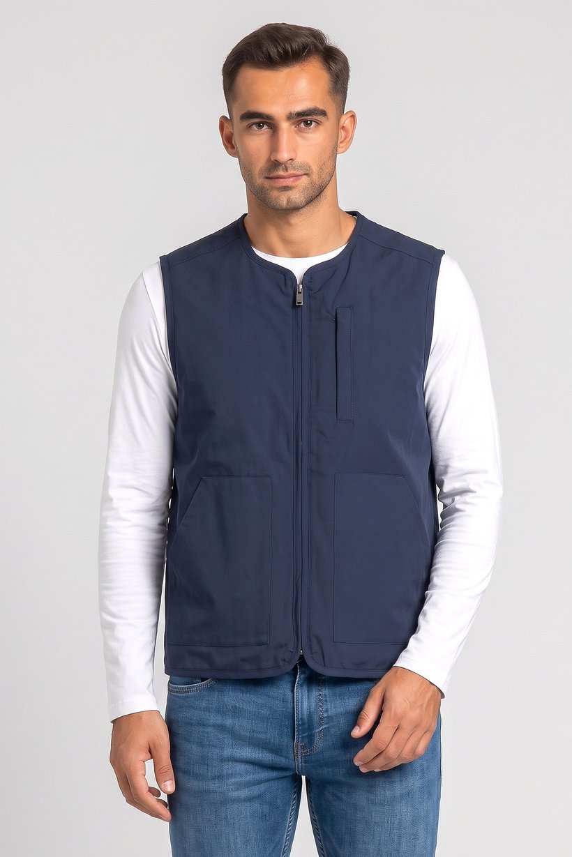 Men Solid Vest Jacket, Navy